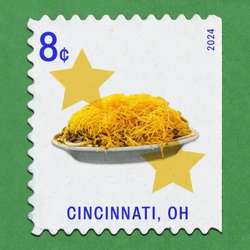 illustration of cincinnati chili on a stamp on a green background