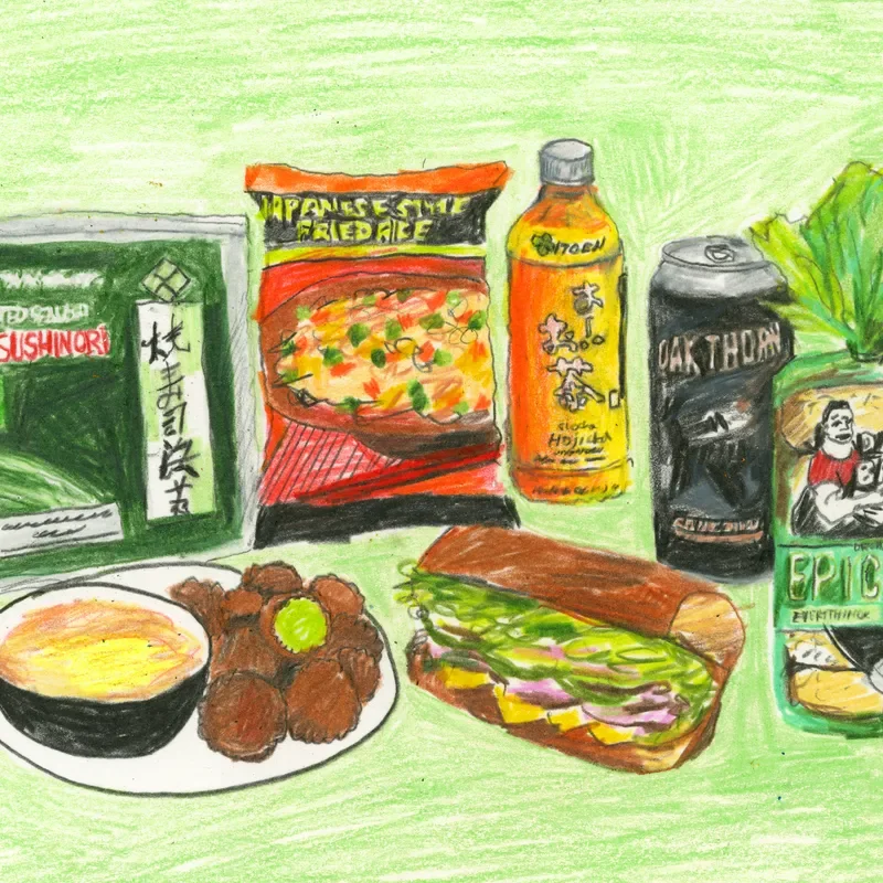illustration of several food items; A sandwich, bread, cheese and others. 