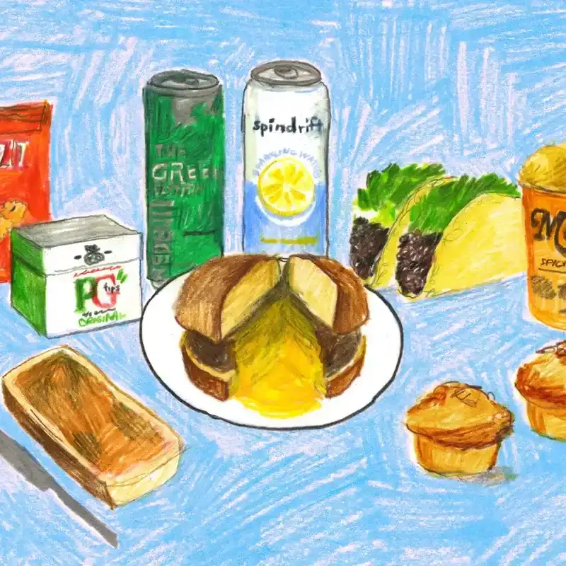 Illustration of several foot items, including muffins, tacos, burger, bread, drinks.