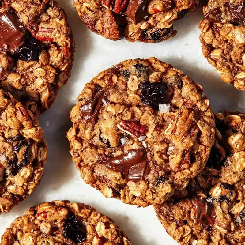 Cherry–Chocolate-Chip Oatmeal Cookies on a marble surface