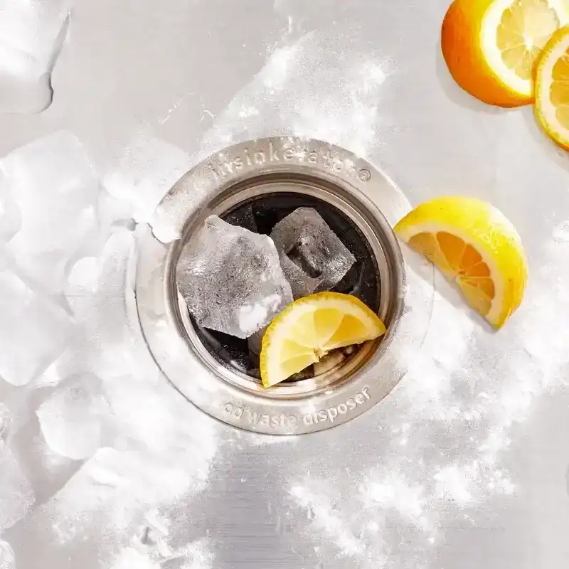 Ice, Lemons, and Baking soda on top of a garbage disposal 