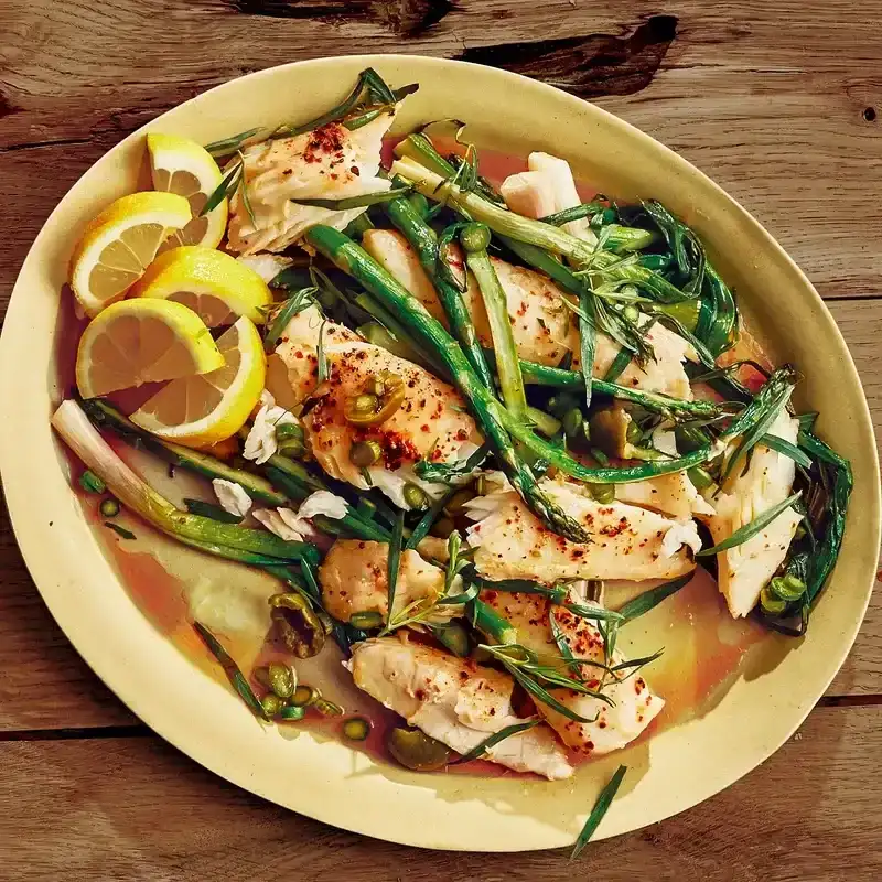 Butter-Roasted Halibut with Asparagus and Olives recipe