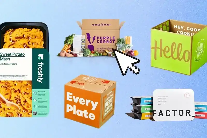 A collage of offerings from five of the best meal delivery services, including Purple Carrot and Hello Fresh