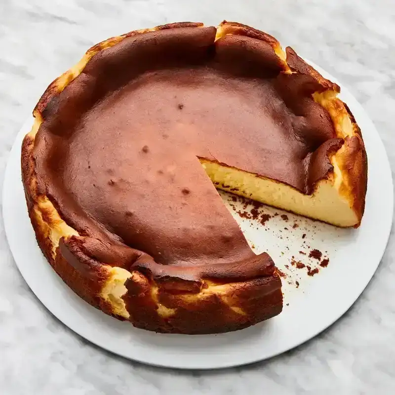 Top-down view of a burnt-style Basque cheesecake with one wedge removed.