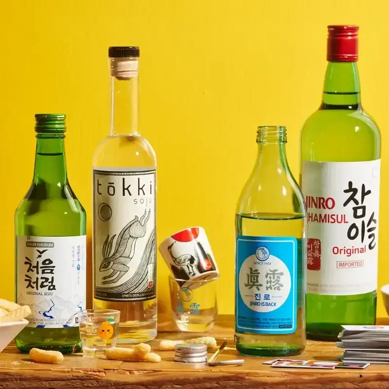 Different types of Soju on a yellow background