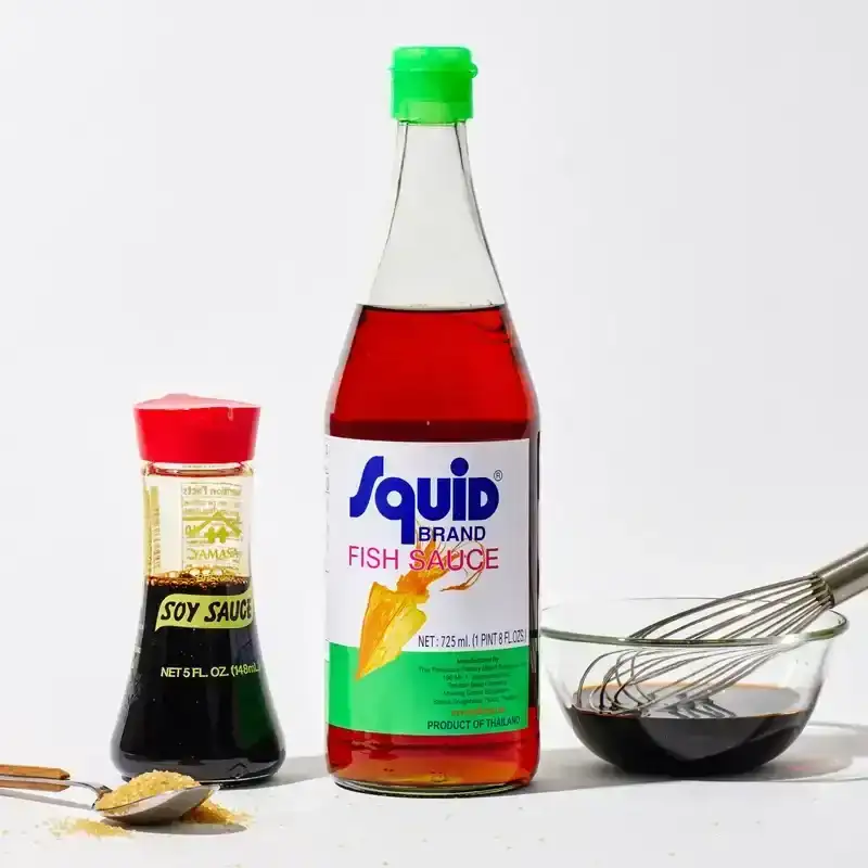Fish sauce, Soy Sauce, and Brown Sugar on a white background
