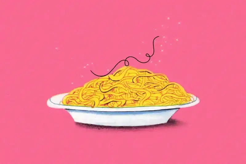 Illustration of a dish of pasta with a hair on top.
