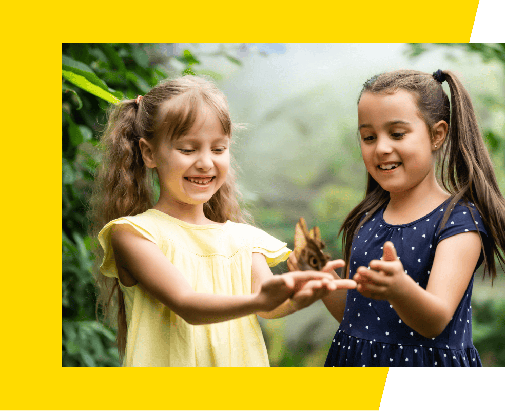 Two little girls playing with butterfly. 