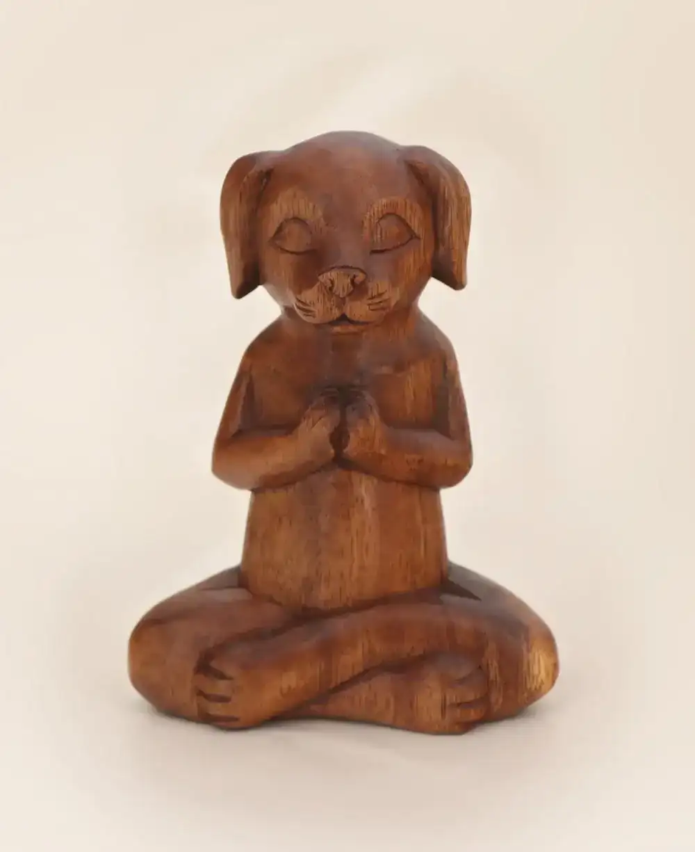 Image of Hand Carved Meditating Namaste Dog Statue