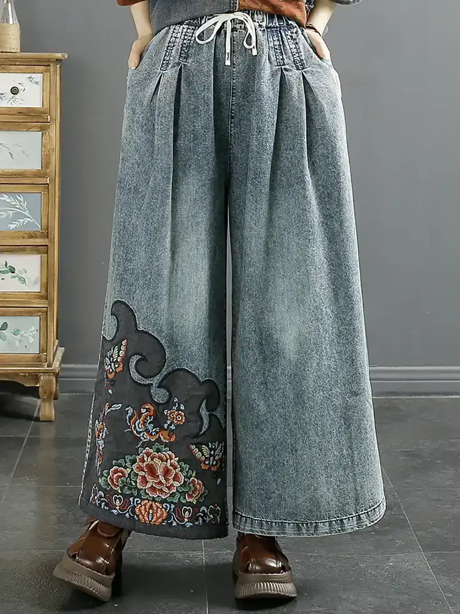 Vintage Embroidery Denim Wide-leg Pants