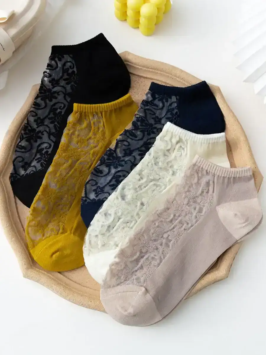 5 Pairs Women Flower Jacquard Summer Socks