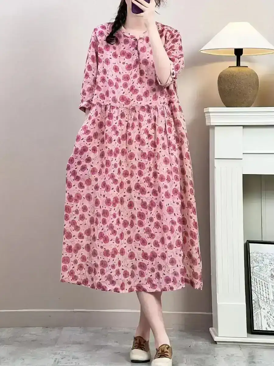 Women Summer Vintage Floral Ramie Loose Dress