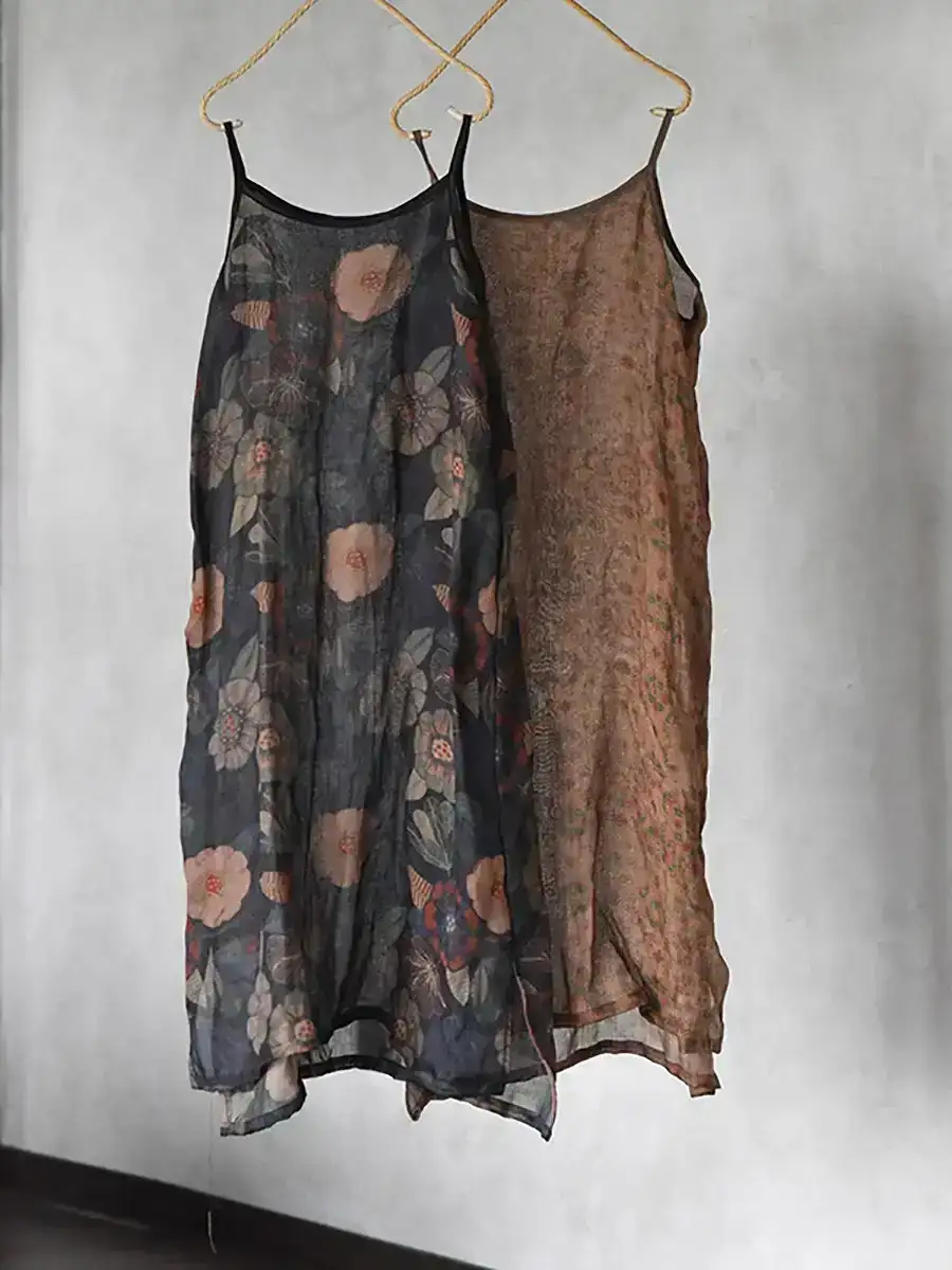 Plus Size Vintage Ramie Floral Thin Vest Dress