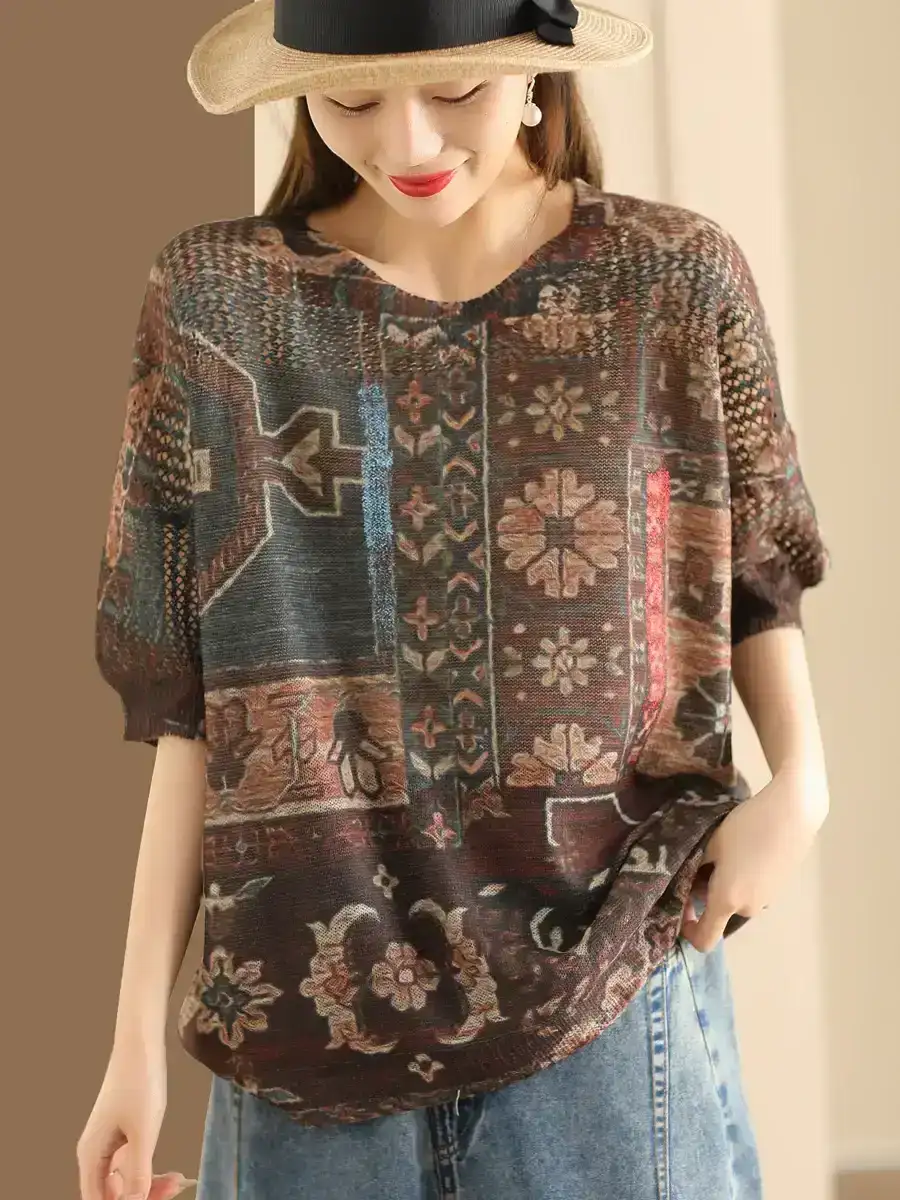 Women Retro Knitted O-Neck Pullover Shirt