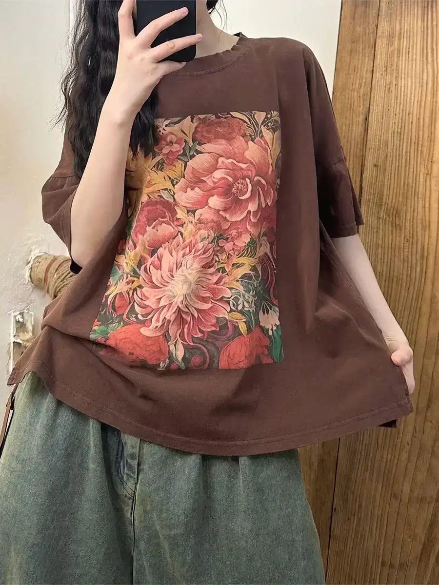 Flower Spliced Cotton Shirt