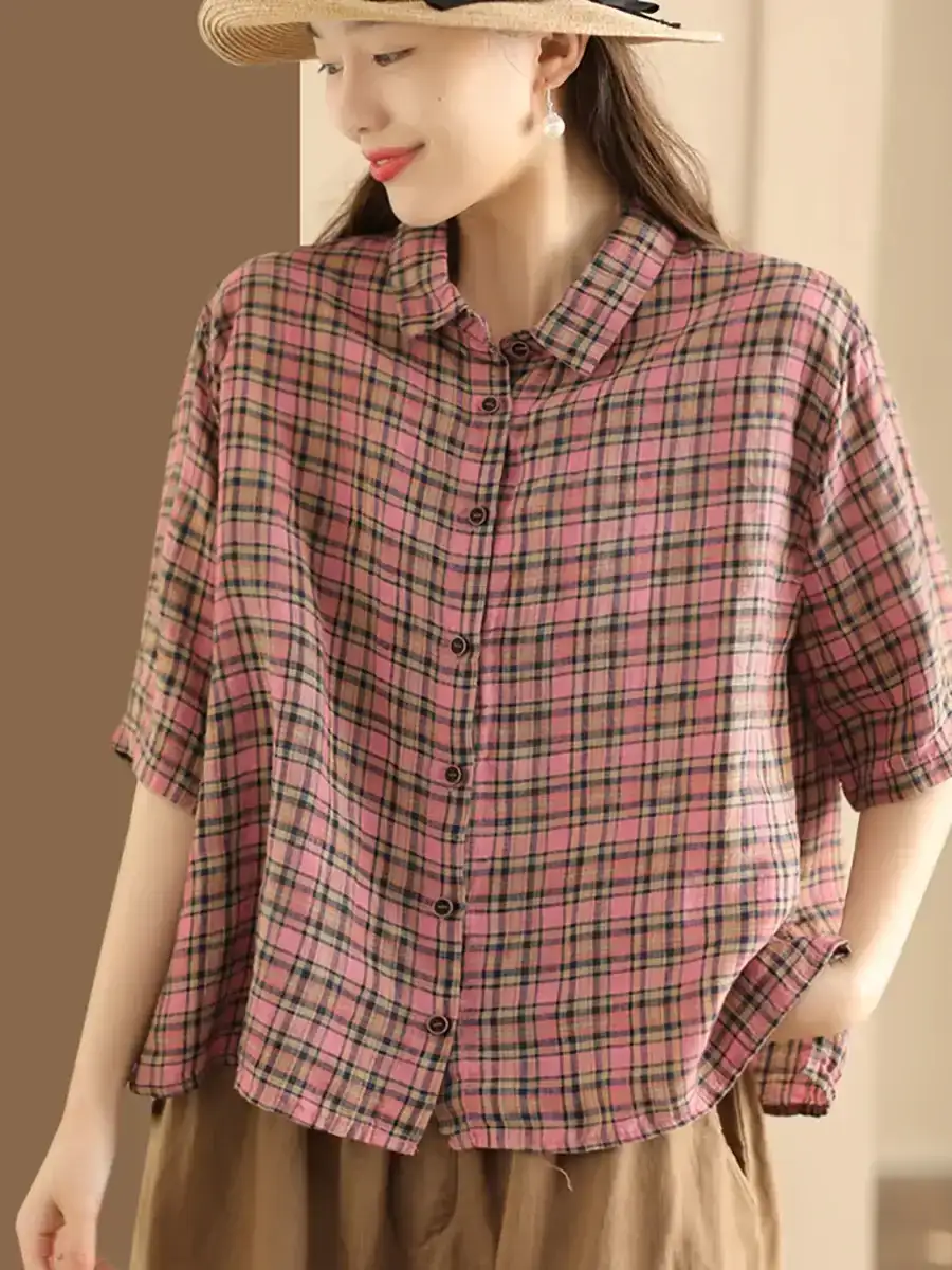 Plaid Button-up Linen Shirt