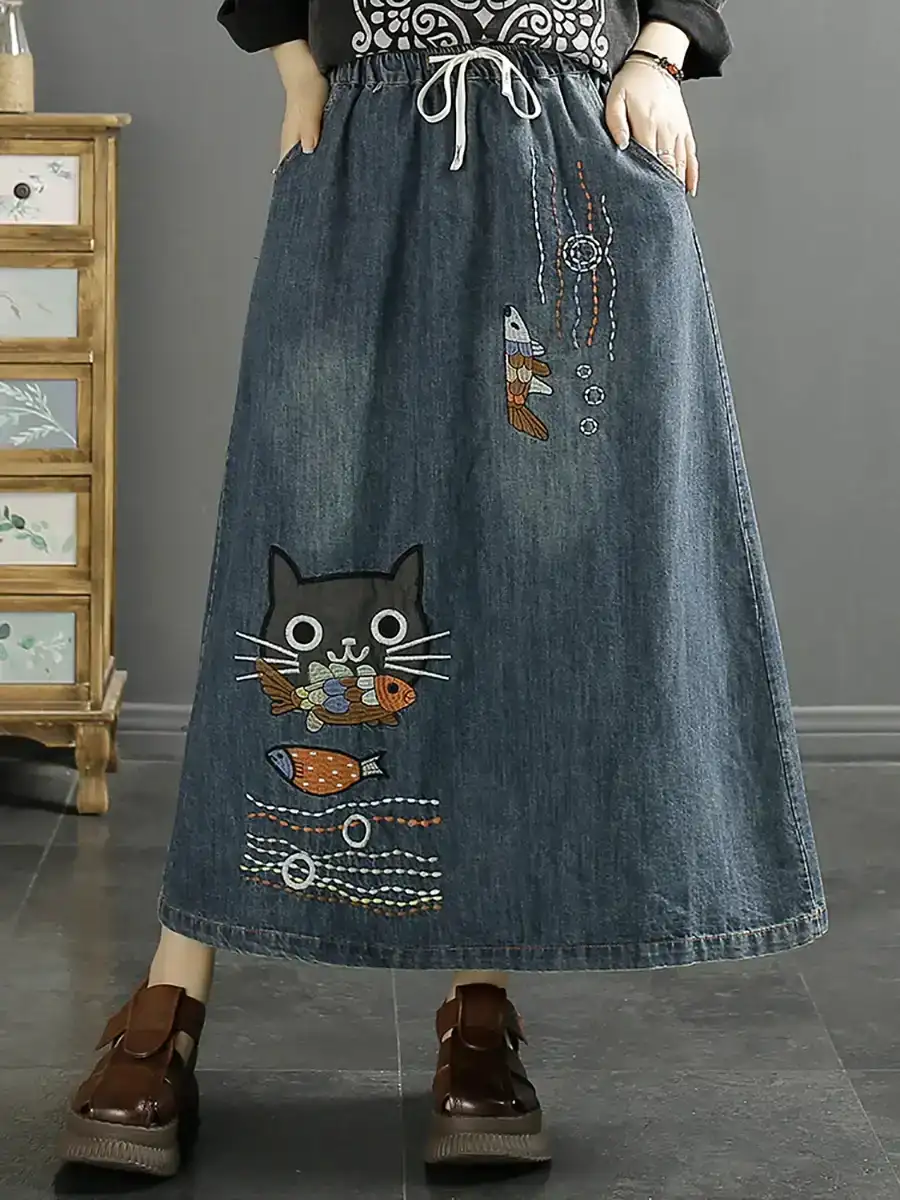 Cat Fish Embroidery Skirt