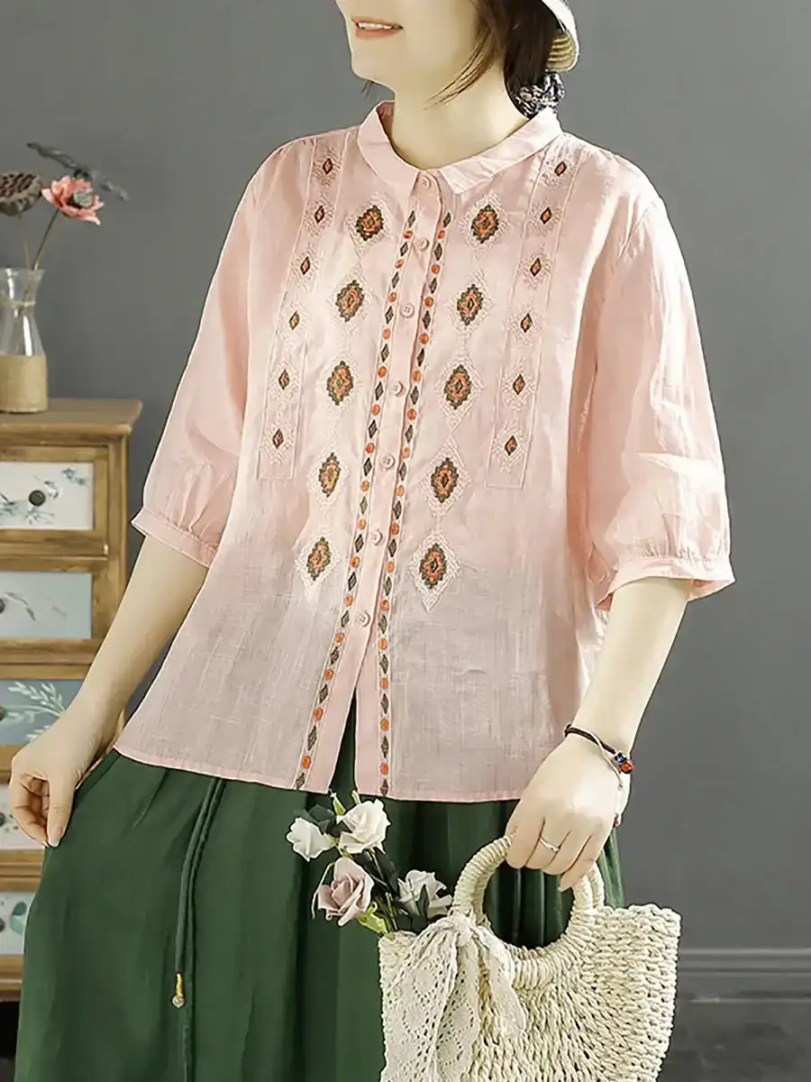 Rhomboids Embroidery Ramie Button Up Blouse