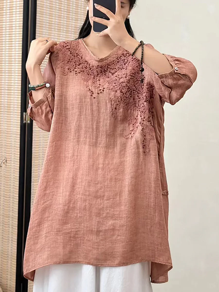 Floral Embroidery Ramie Loose Shirt