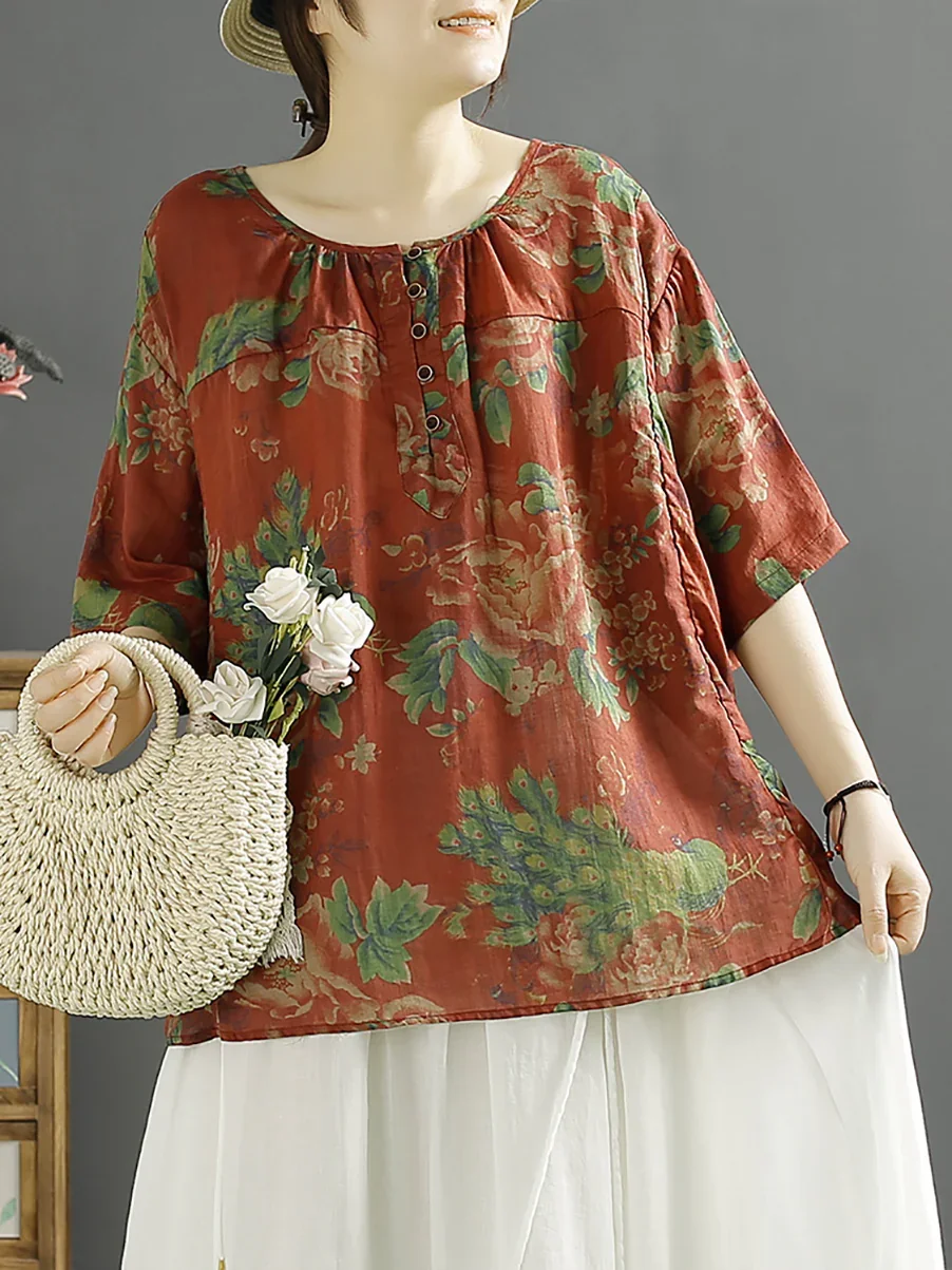 Women Vintage Floral 100%Ramie Loose Shirt