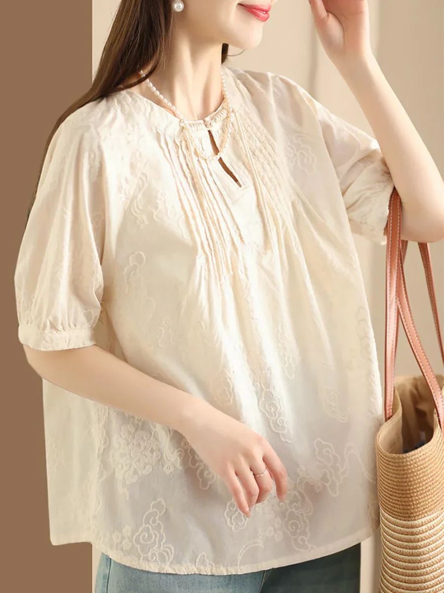 Women Artsy Jacquard Shirred Cotton Loose Shirt