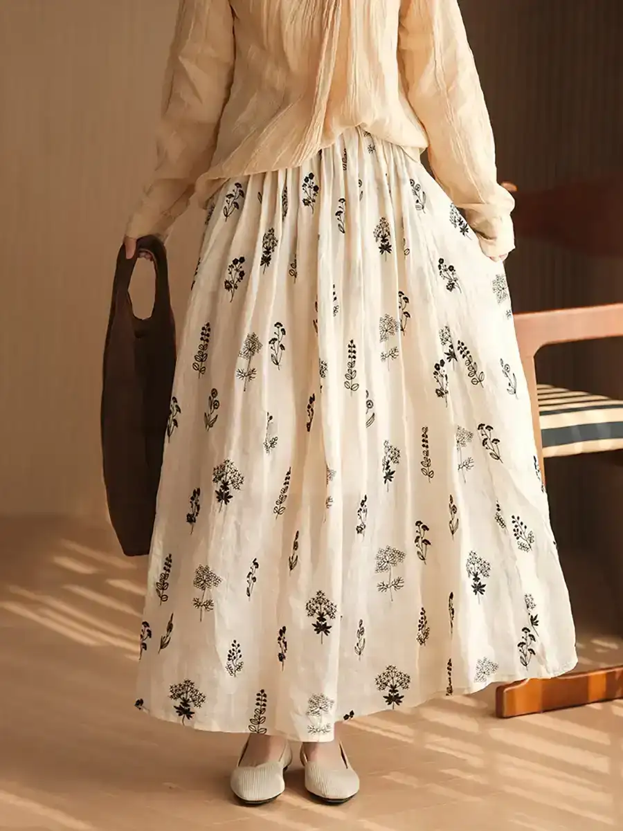 Retro Floral Ramie Skirt