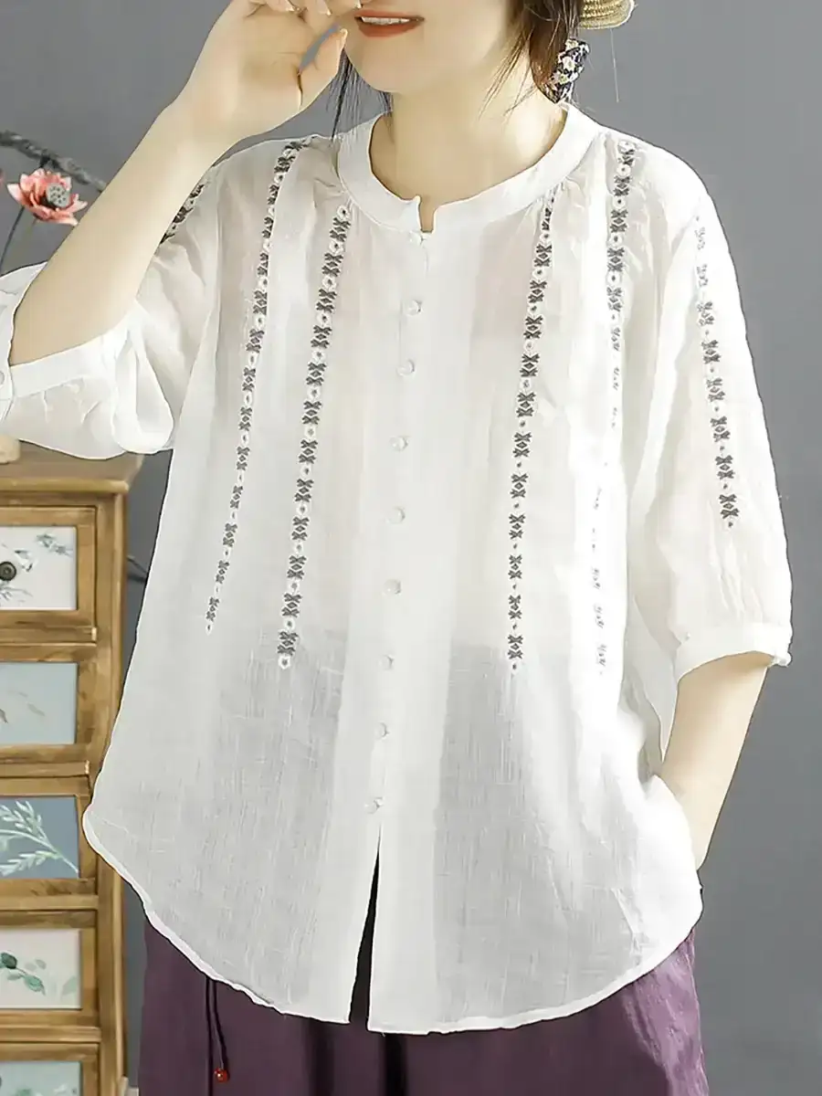 Ethnic Flower Embroidery Button-Up Blouse
