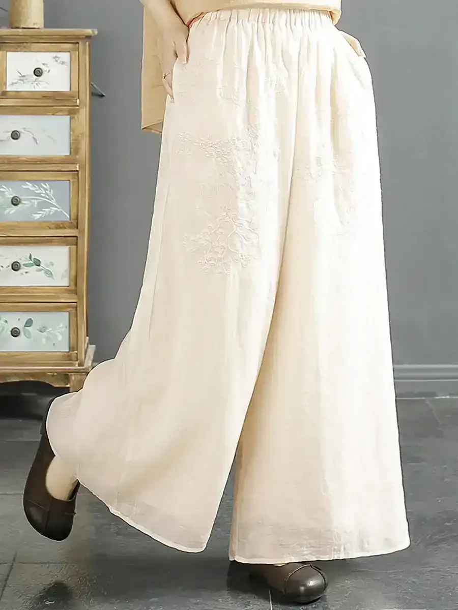 Embroidery Solid Wide-leg Ramie Pants