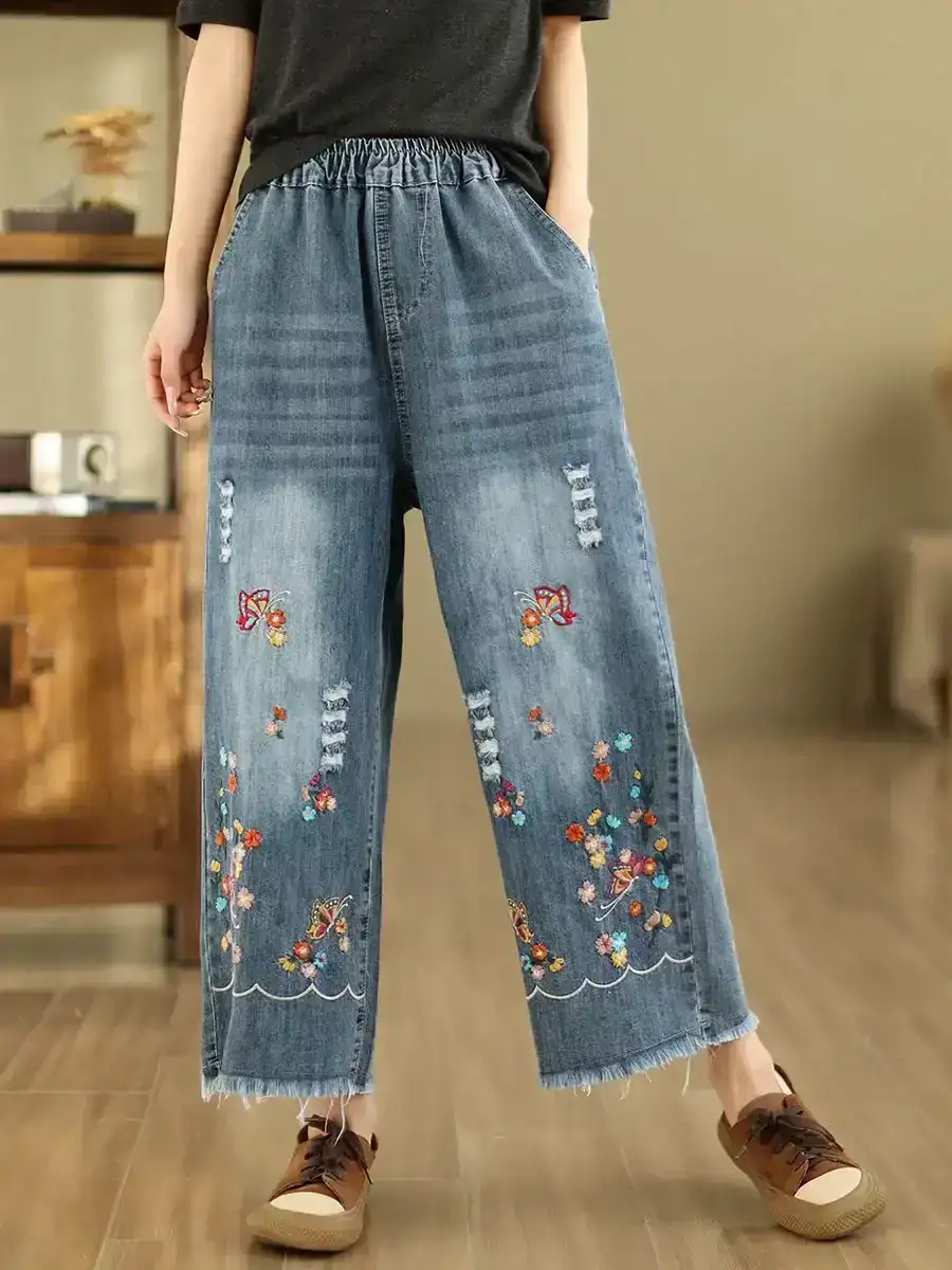 Retro Embroidery Frayed Straight Denim Pants