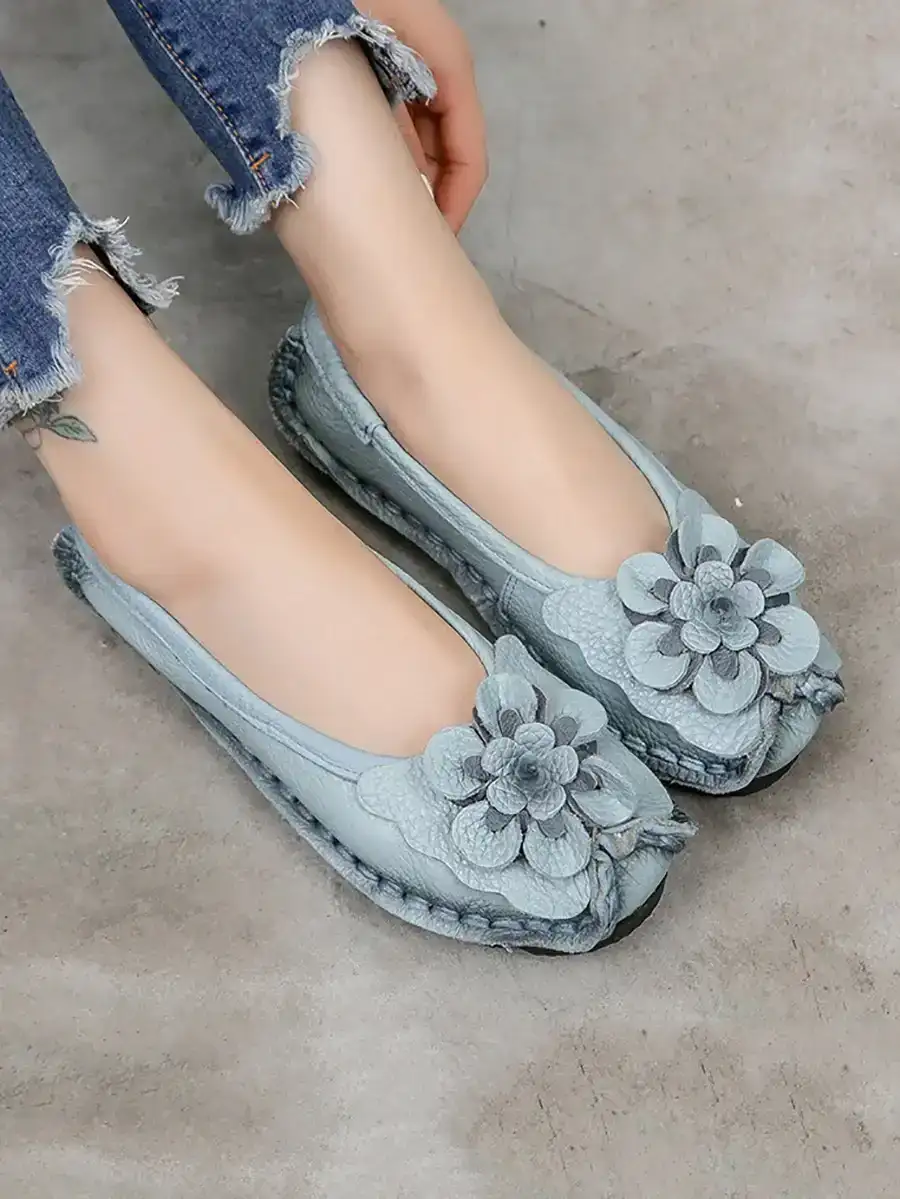 Vintage Leather Flower Spliced Shoes