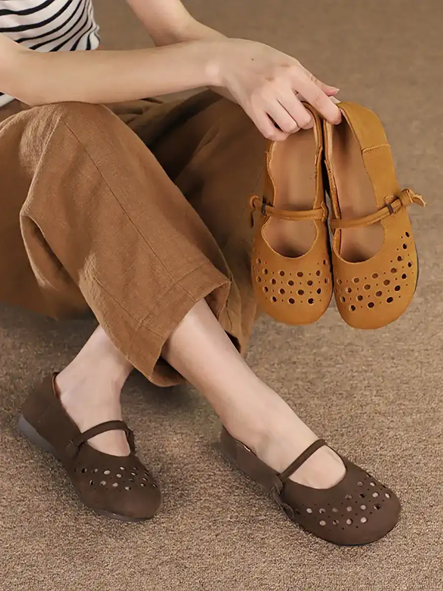 Women Vintage Soft Leather Cutout Solid Shoes
