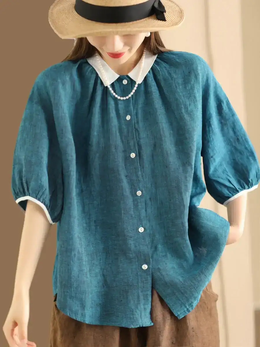 Women Artsy Colorblock Button-up Linen Shirt