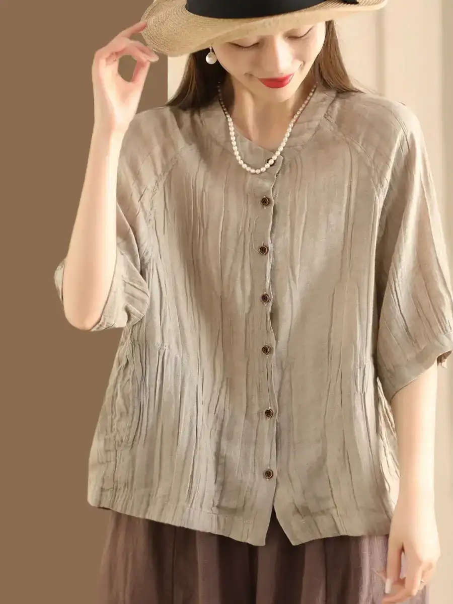 Women Summer Retro Solid Linen Button-up Shirt