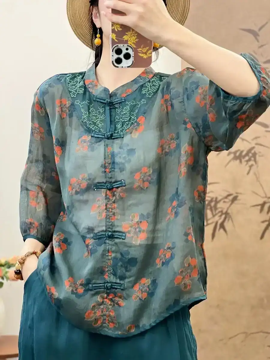 Women Summer Ethnic Flower Spliced Ramie Shirt