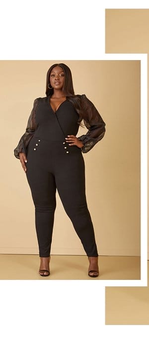 Organza Sleeved Faux Wrap Jumpsuit