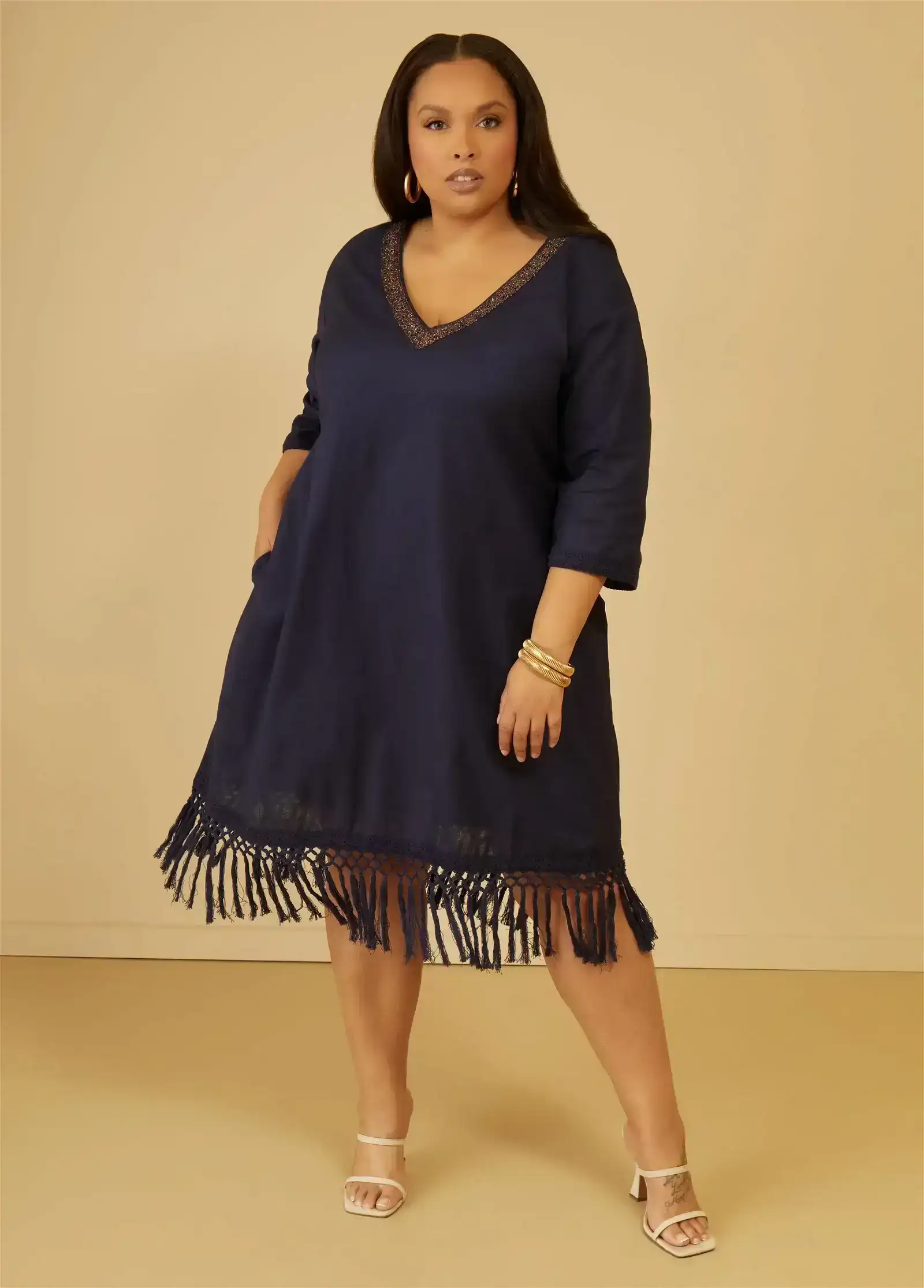 Fringed Linen Blend Dress