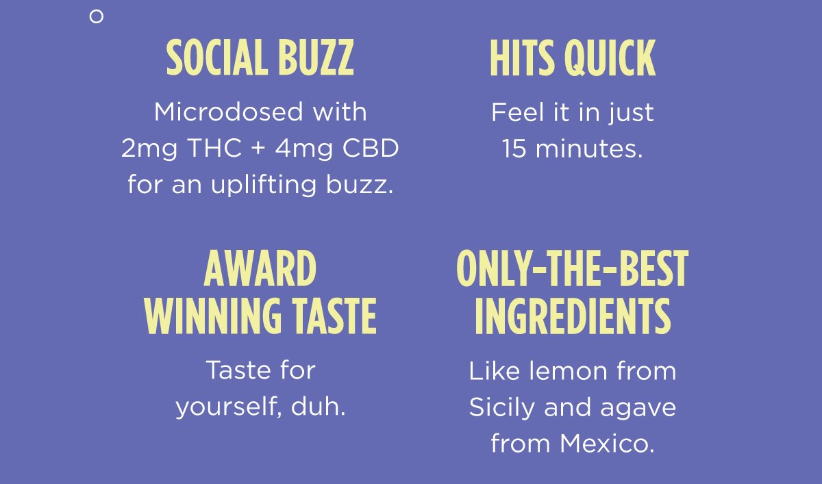 SOCIAL BUZZ Microdosed with 2mg THC + 4mg CBD for an uplifting buzz. HITS QUICK Feel it in just 15 minutes. ONLY-THE-BEST INGREDIENTS Like lemon from Sicily and agave from Mexico. AWARD-WINNING TASTE Taste for yourself, duh.