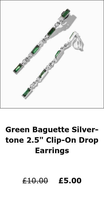 Green Baguette Silver-tone 2.5" Clip-On Drop Earrings