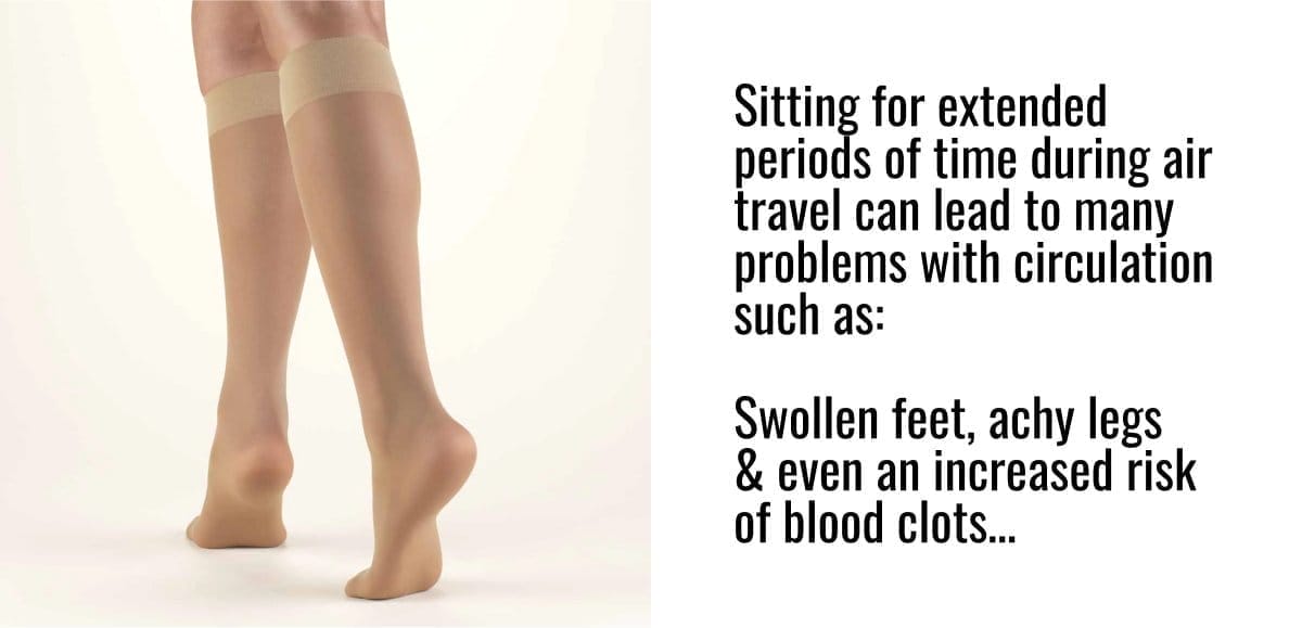 Sitting for extended periods of time during air travel can lead to many problems with circulation such as: Swollen feet, achy legs & even an increased risk of blood clots…