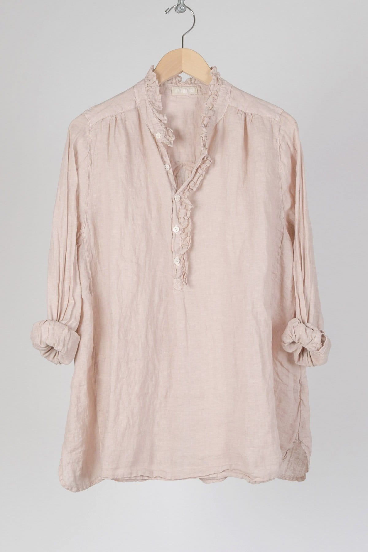 linen shirt with ruffles on collar and cuffs in sand color