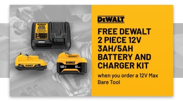Free DEWALT 2 piece 12v battery and charger kit