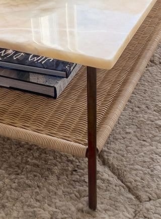 terranea onyx marble and brass metal 54" rectangular coffee table with wicker shelf