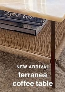 terranea onyx marble and brass metal 54" rectangular coffee table with wicker shelf