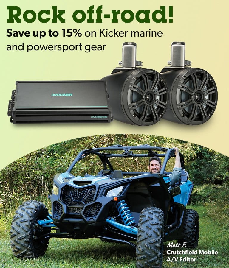 Rock off-road! Save up to 15% on Kicker marine and powersport gear.