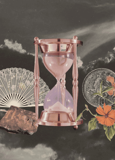 art depicting a pink hourglass next to a crystal, hand fan, orange flower, and a coin in front of a black and white image of clouds