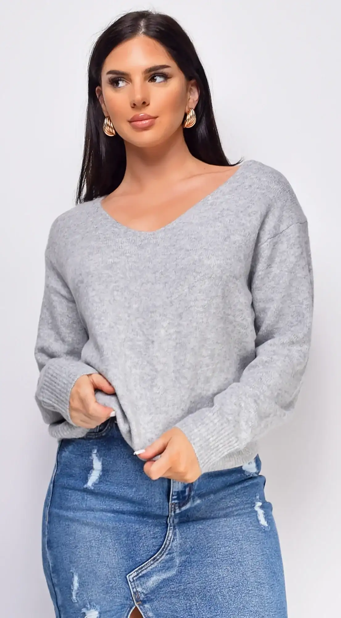 Image of Yara Gray V Neck Sweater Top