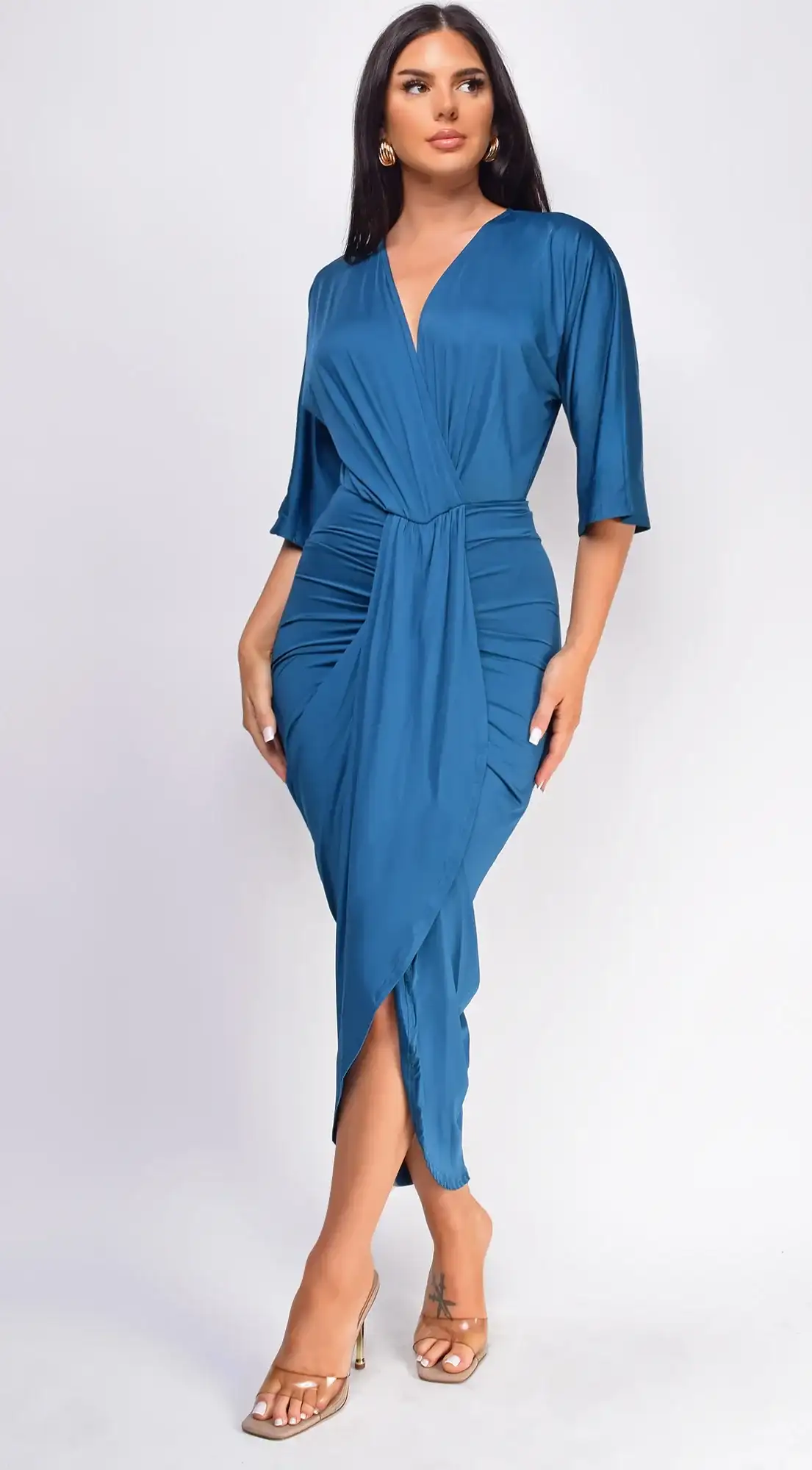 Image of Zelia Teal Blue Venetian Midi Dress