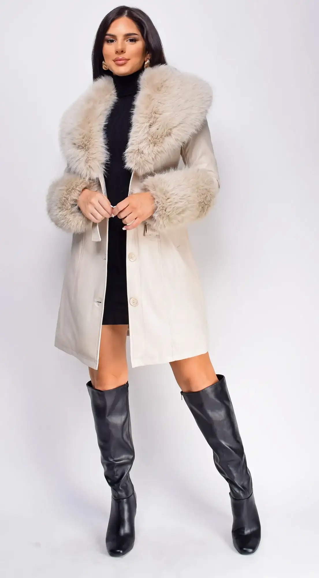 Image of Roma Cream Beige PU Leather Faux Fur Coat
