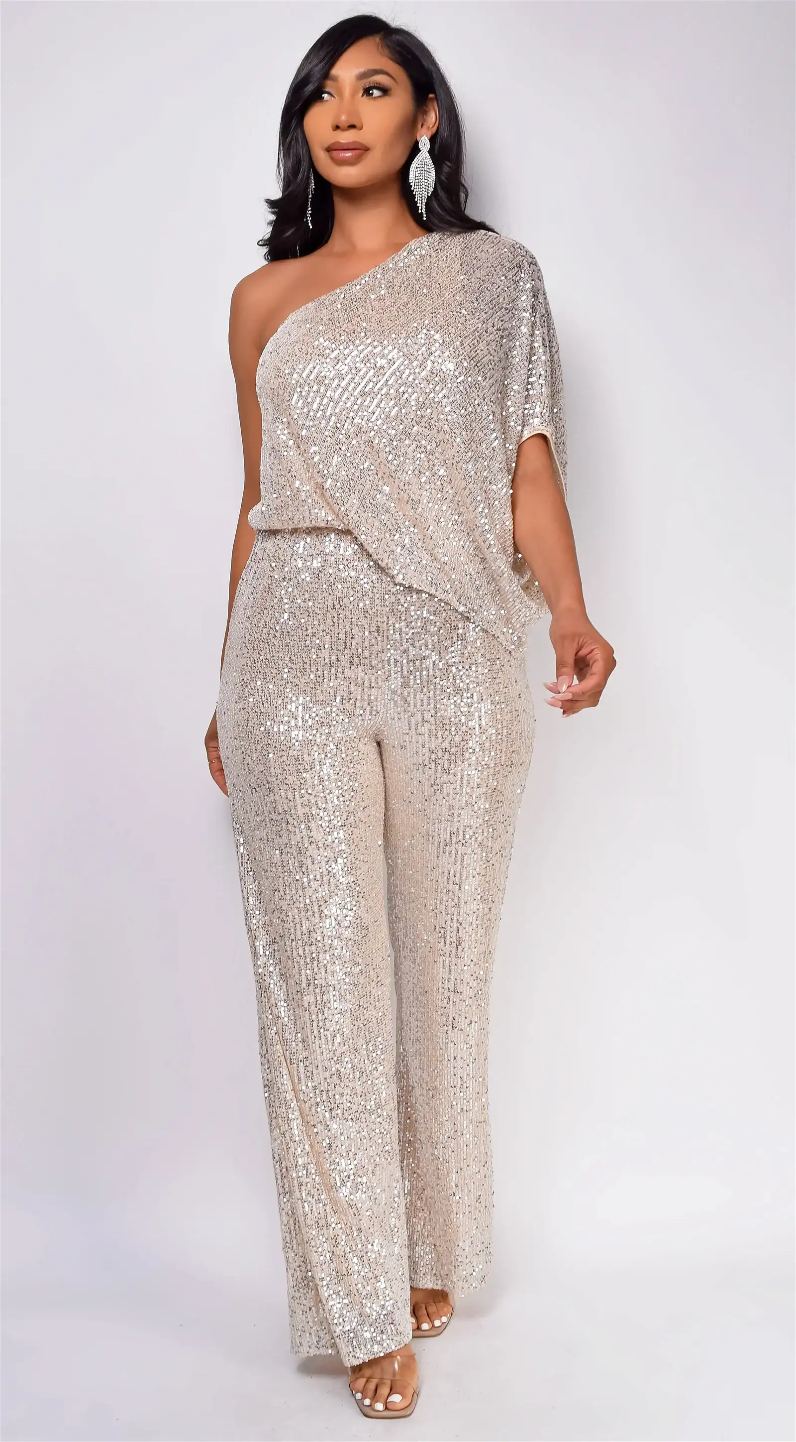 Image of Rebecca Champagne Gold One Sleeve Sequin Jumpsuit