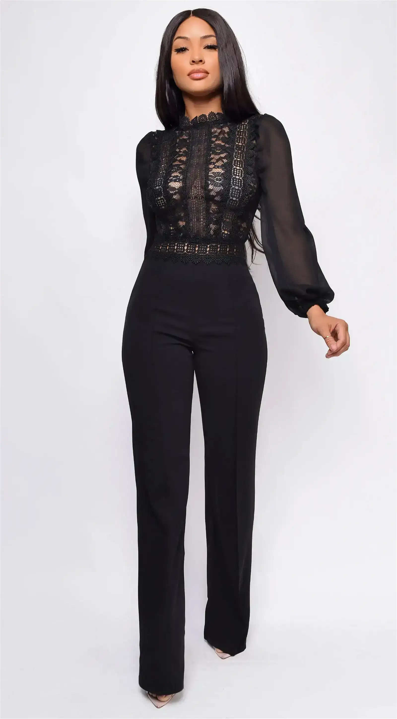 Image of Nerine Black Crochet Lace Mesh Jumpsuit